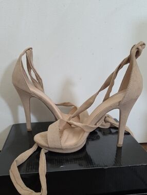 Wild Diva Nude Beige Suede Lace-Up Stiletto Heels
